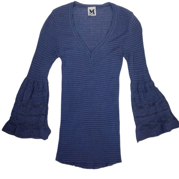 M Missoni Knit Top Sz 4 V-Neck Long Sleeve Bell Sleeve Stretch Navy Classy - Picture 1 of 10